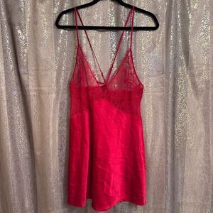 Victorias Secret Lipstick Red Lace Plunge Babydoll Slip Chemise Flawed XL